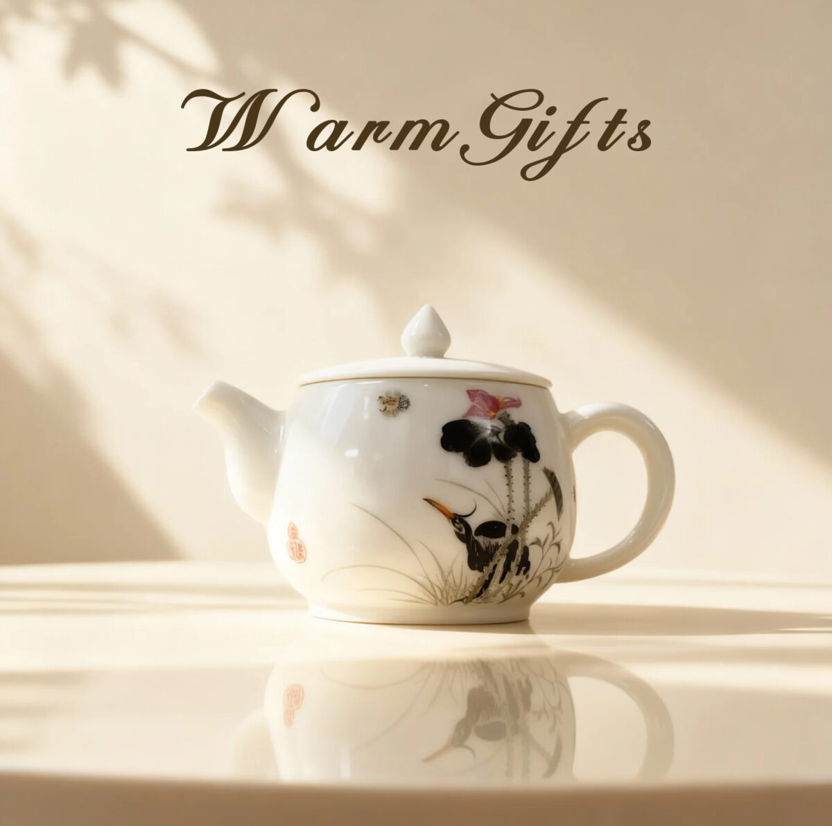 Hand-Painted Custom Teapot4 Black Ink Heron Lotus Design