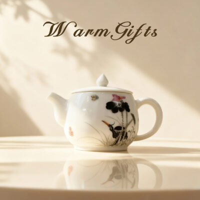 Hand-Painted Custom Teapot4 Black Ink Heron Lotus Design