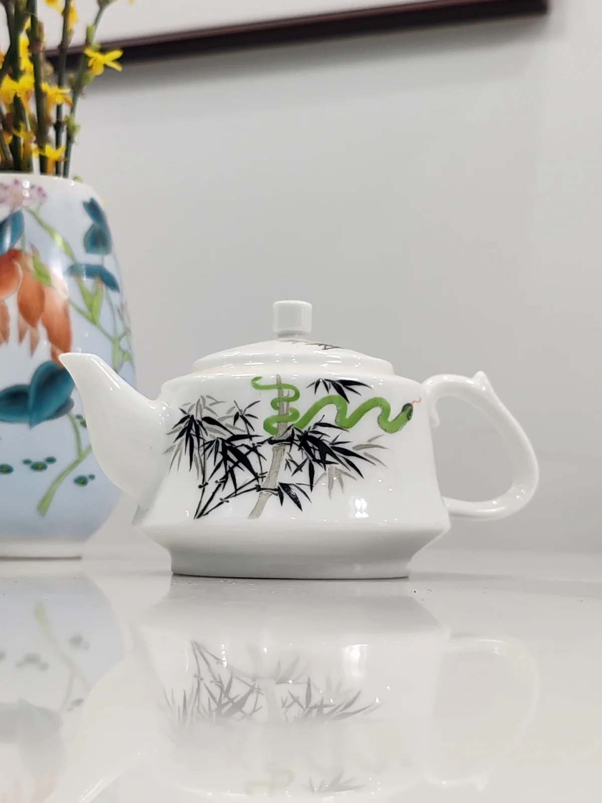 Hand Painted Teapot with Green Bamboo & Snake