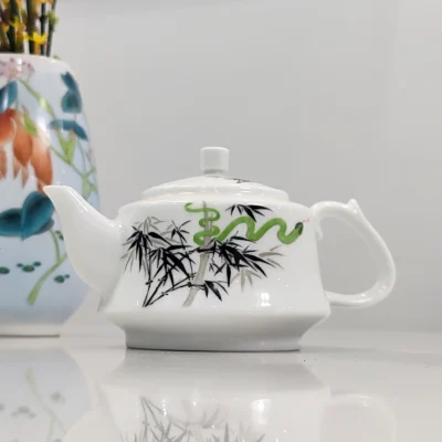Hand Painted Teapot with Green Bamboo & Snake