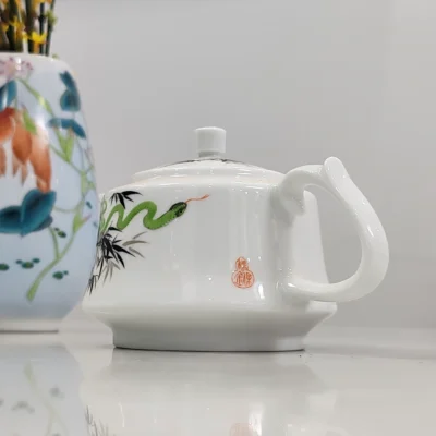 Hand Painted Teapot with Green Bamboo & Snake