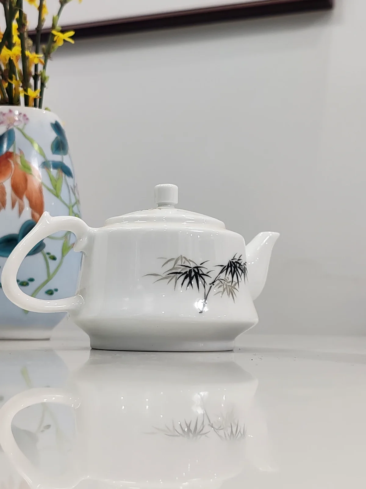 Hand Painted Teapot with Green Bamboo & Snake