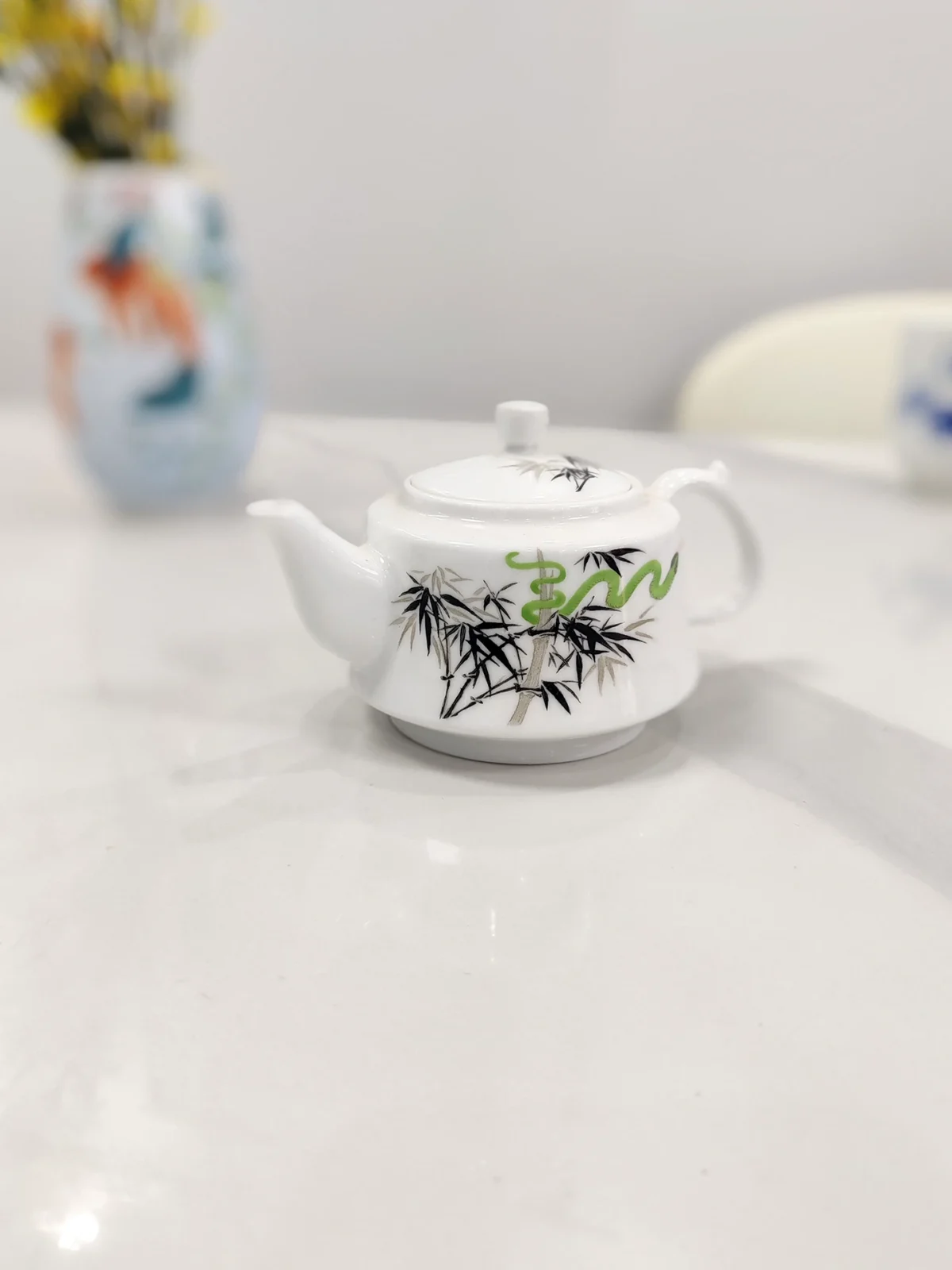 Hand Painted Teapot with Green Bamboo & Snake