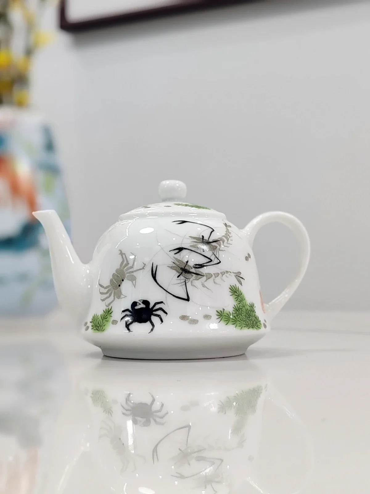 Playful River Shrimp & Crab White Glaze Teapot