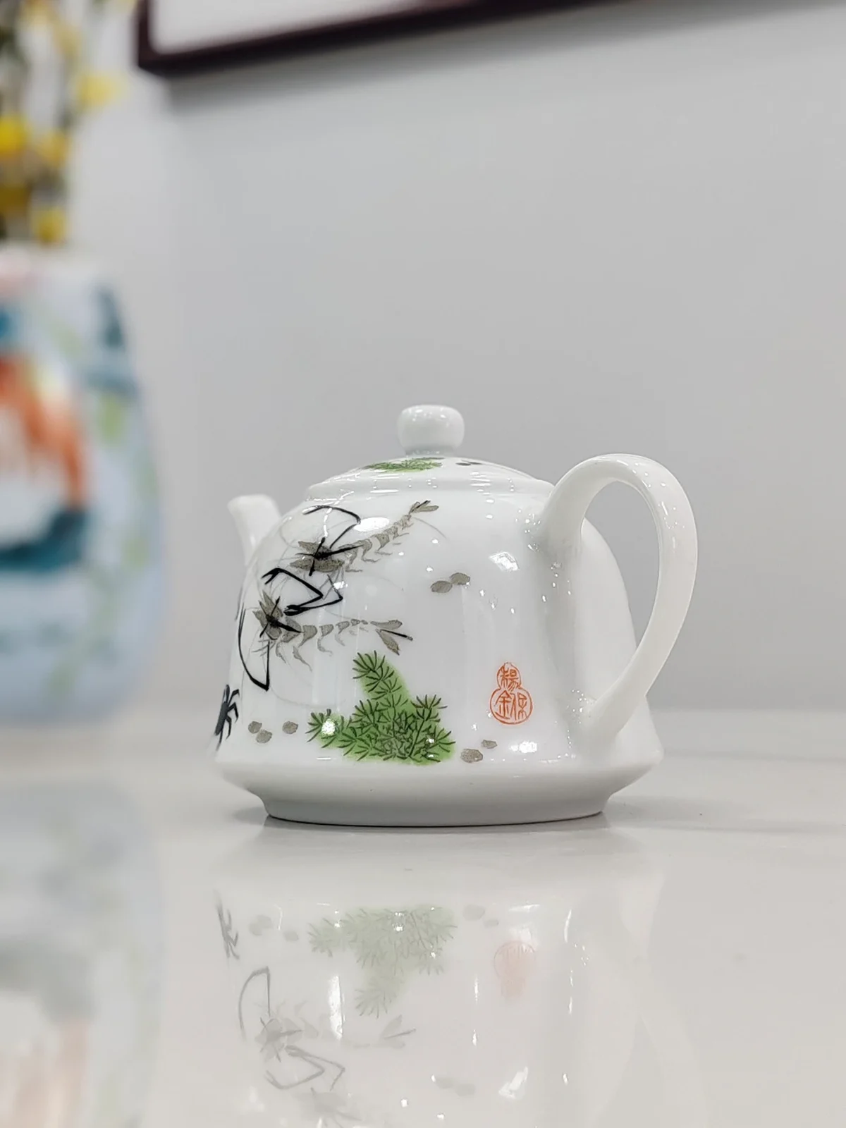 Playful River Shrimp & Crab White Glaze Teapot