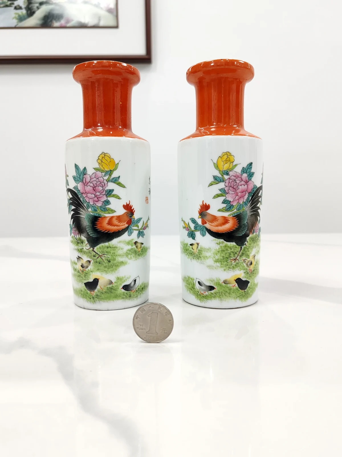 Jingdezhen Hand-Painted Rooster & Peony Ceramic Vase Set