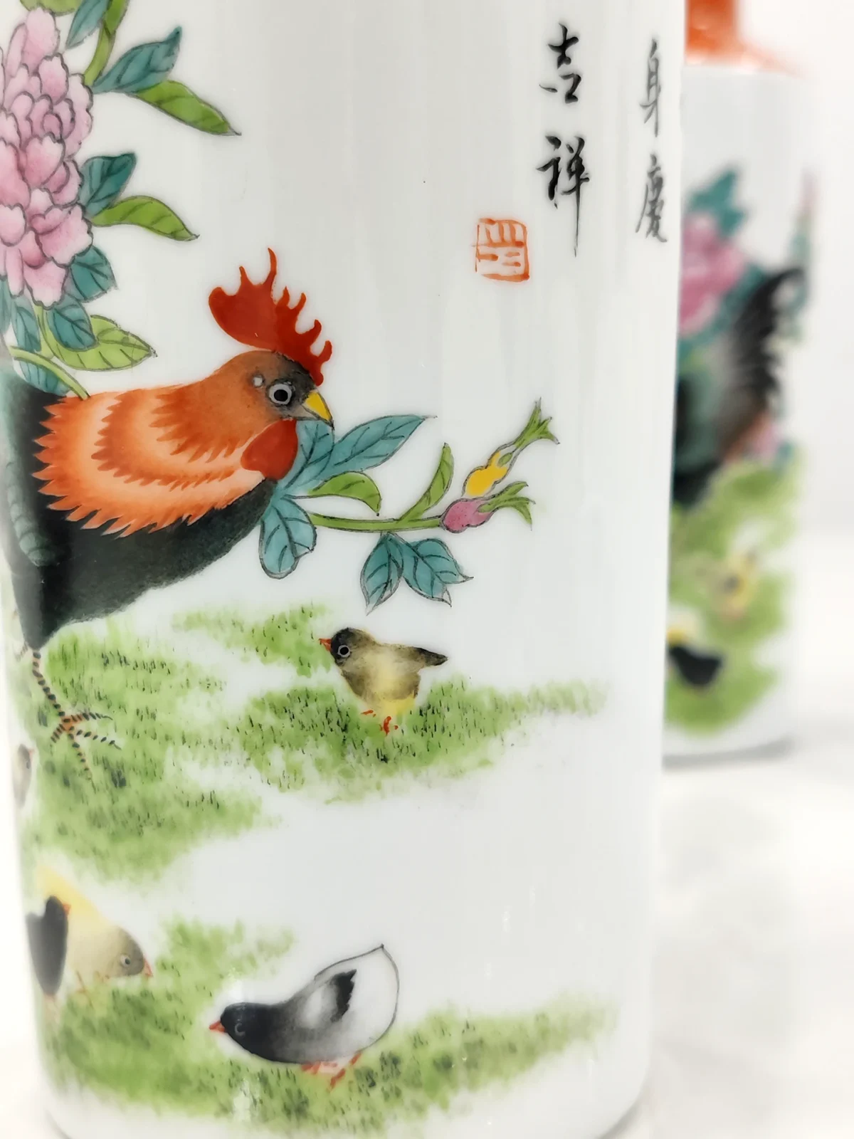 Jingdezhen Hand-Painted Rooster & Peony Ceramic Vase Set