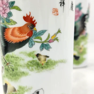 Jingdezhen Hand-Painted Rooster & Peony Ceramic Vase Set