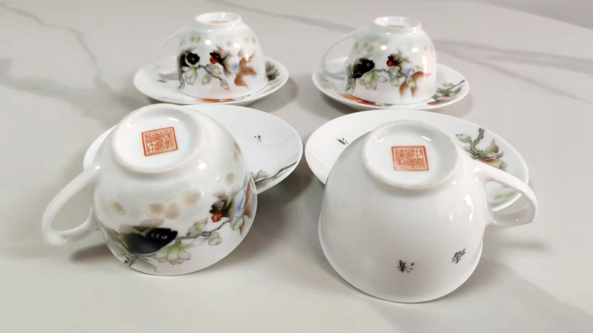 Magnolia & Goldfish Porcelain Collection (Teapot + 4 Cups & Saucers)