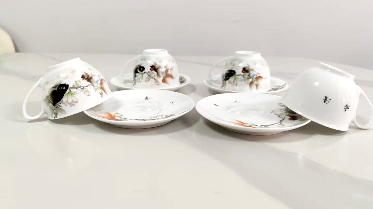 Magnolia & Goldfish Porcelain Collection (Teapot + 4 Cups & Saucers)