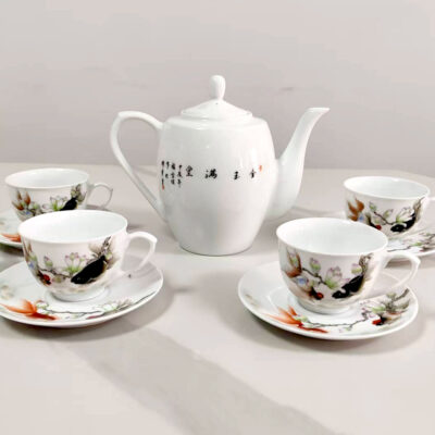 Magnolia & Goldfish Porcelain Collection (Teapot + 4 Cups & Saucers)