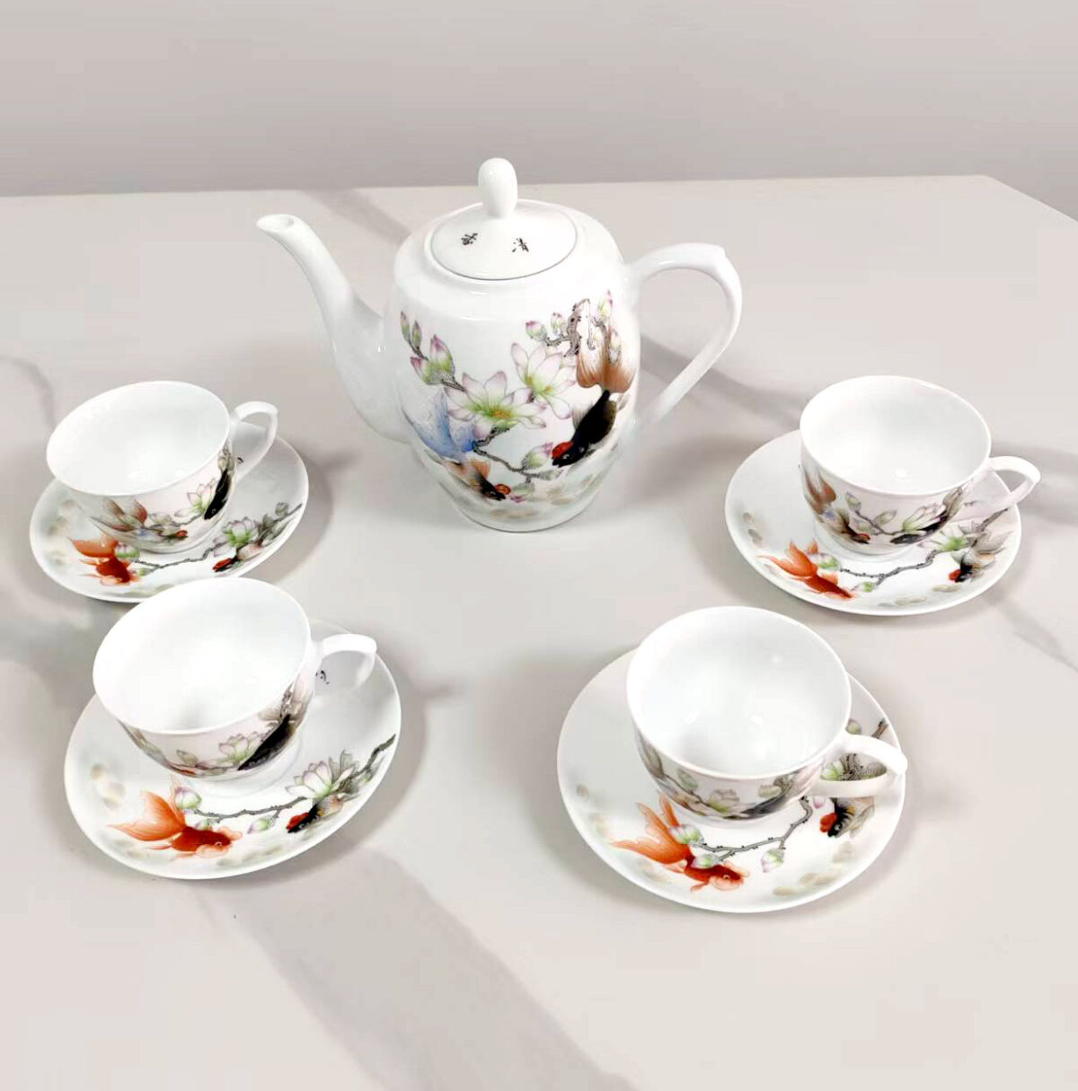 Magnolia & Goldfish Porcelain Collection (Teapot + 4 Cups & Saucers)