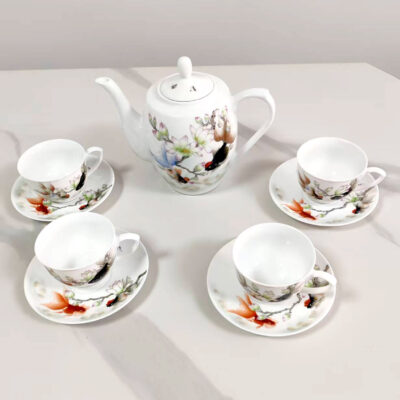 Magnolia & Goldfish Porcelain Collection (Teapot + 4 Cups & Saucers)