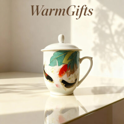 Hand-Painted Carp & Banana Leaf Teacup