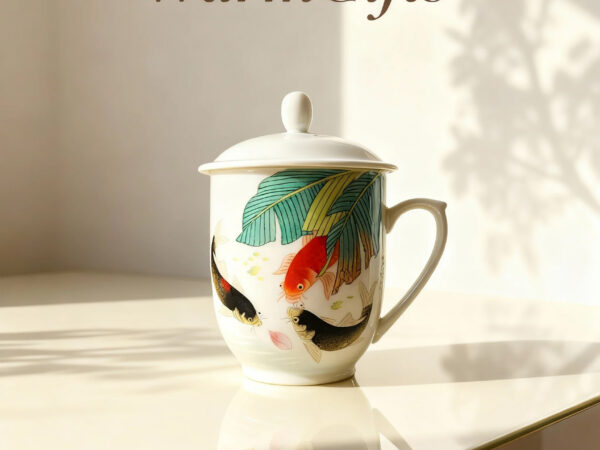Hand-Painted Carp & Banana Leaf Teacup