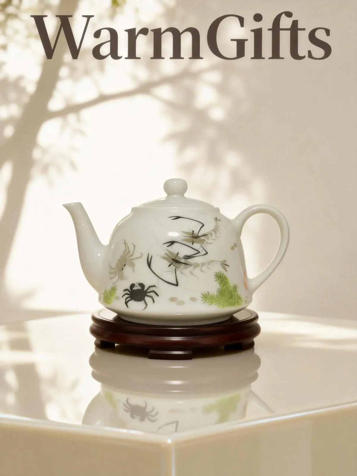 Chahu01 Playful River Shrimp & Crab White Glaze Teapot