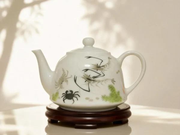 Playful River Shrimp & Crab White Glaze Teapot