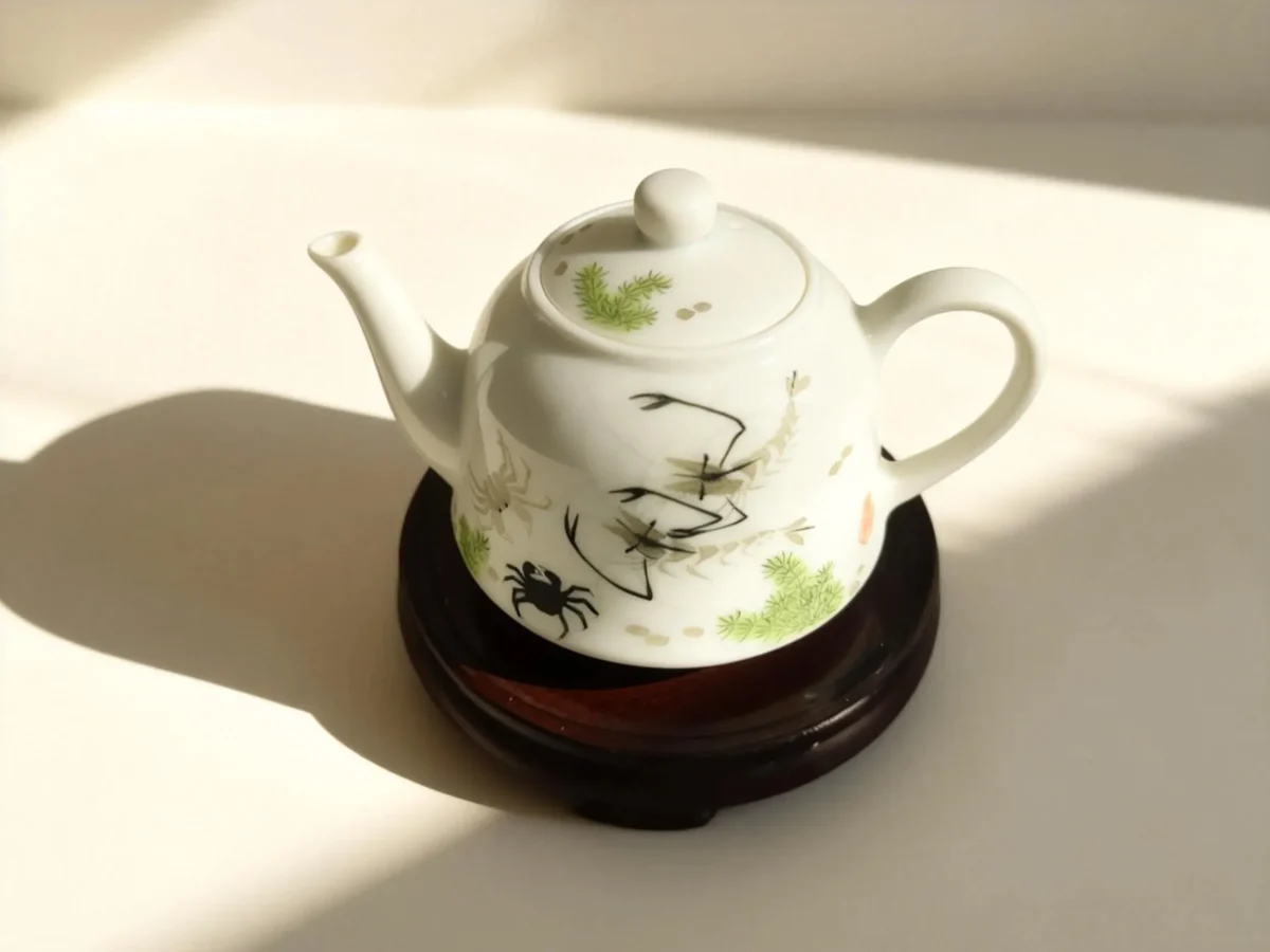 Chahu06 Playful River Shrimp & Crab White Glaze Teapot