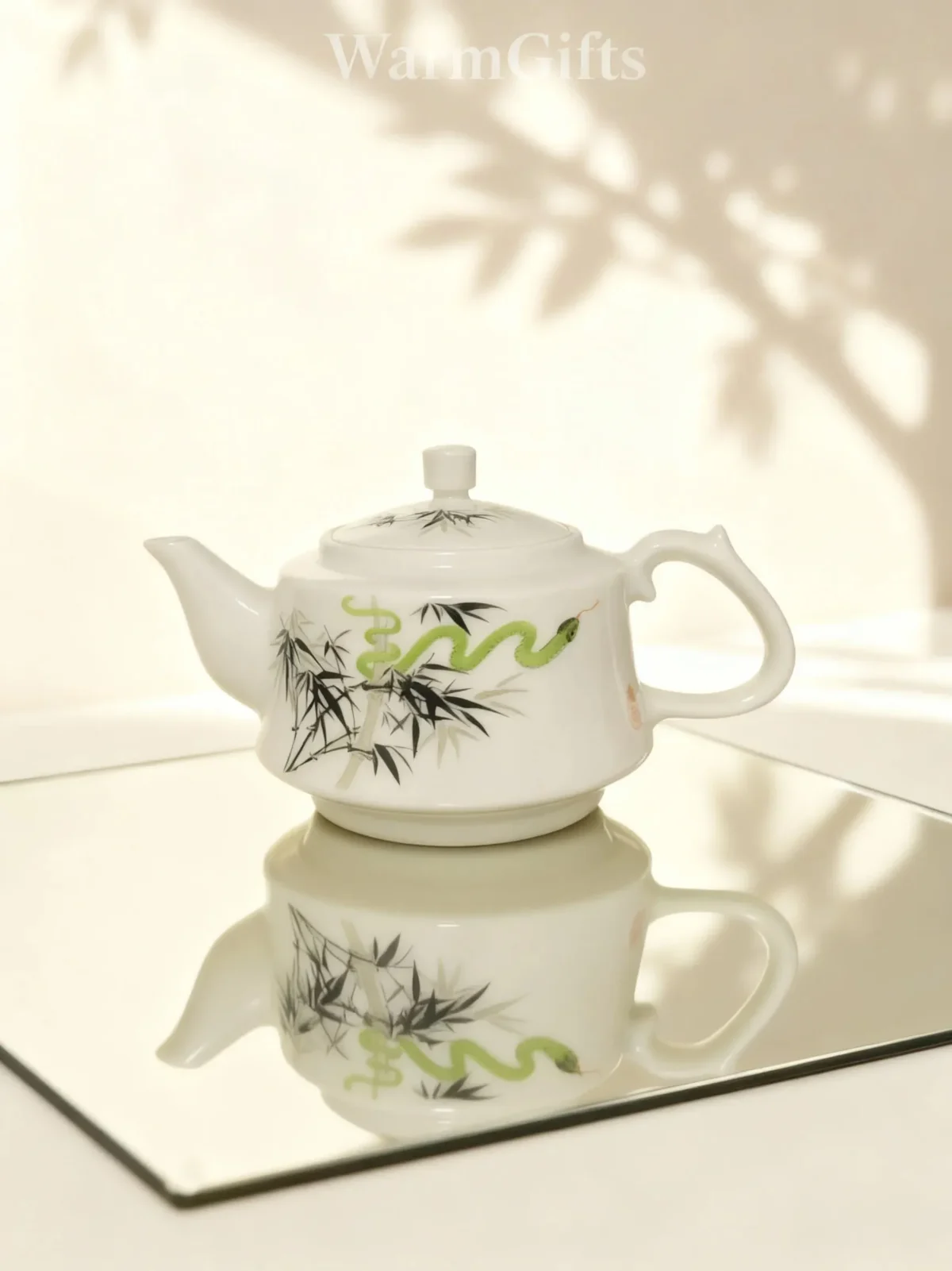 Zhuyeqing01 Hand Painted Teapot with Green Bamboo & Snake