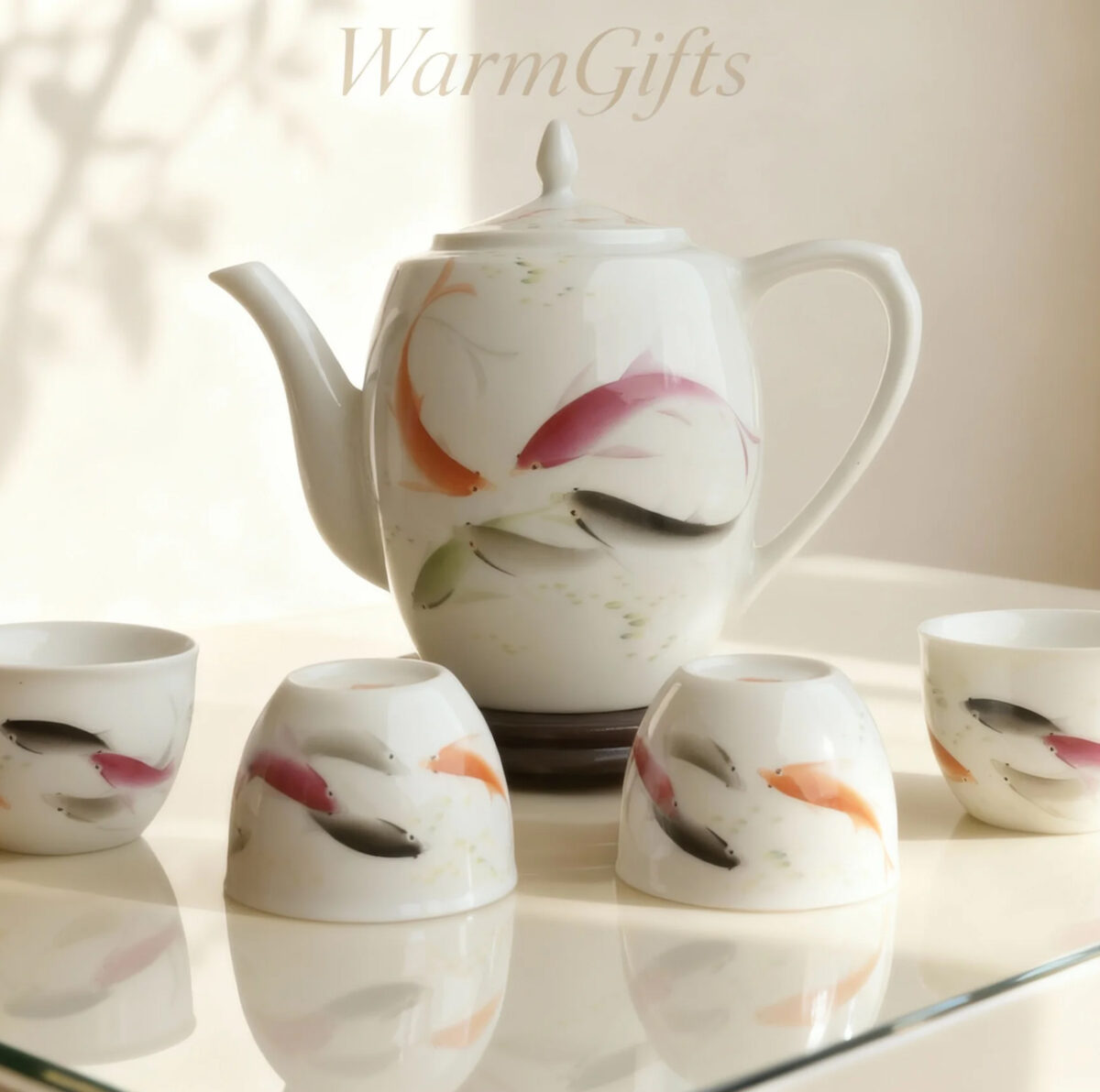 Hand-Painted Freehand Swimming Fish Tea Set: Jingdezhen Porcelain Anniversary Gift & Corporate Premium | Warmgifts Porcelain