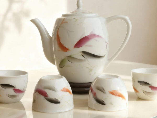 Hand-Painted Freehand Swimming Fish Tea Set: Jingdezhen Porcelain Anniversary Gift & Corporate Premium | Warmgifts Porcelain