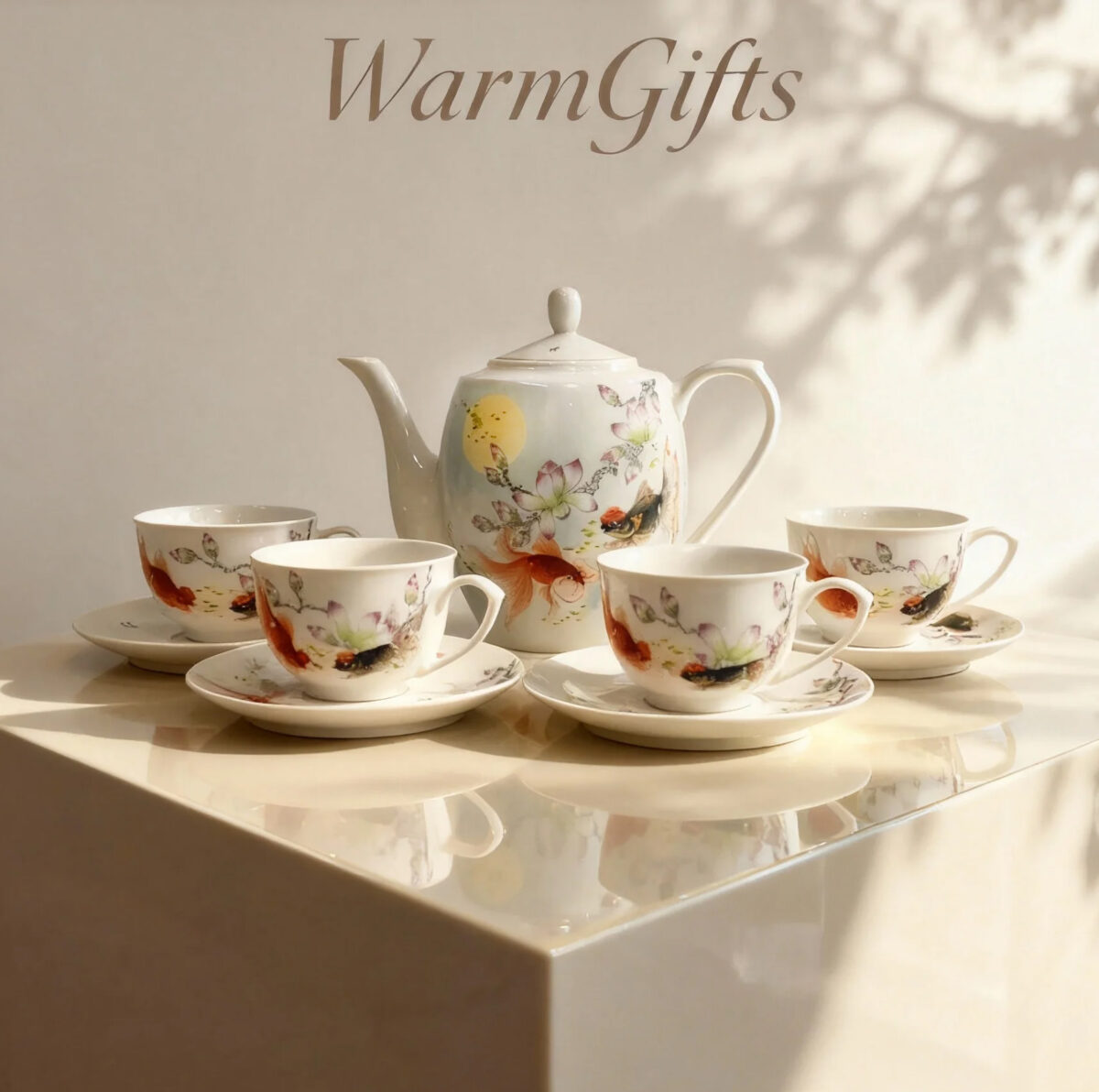 Hand-Painted Magnolia & Koi Tea Set