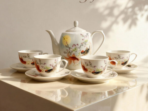 Hand-Painted Magnolia & Koi Tea Set