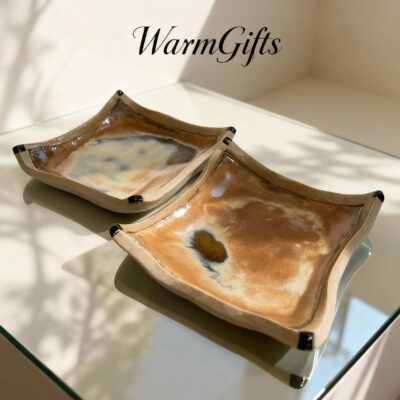 Handcrafted pottery tray with blue glaze variations styling gold jewelry - WarmGifts Porcelain