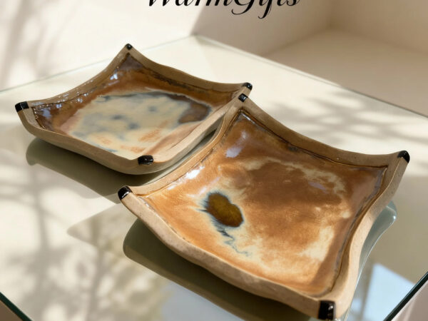 Handcrafted pottery tray with blue glaze variations styling gold jewelry - WarmGifts Porcelain