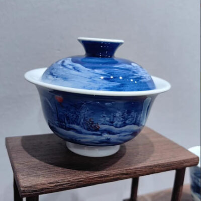 Whispered Winters: A Hand-Painted Blue & White Snowscape Teabowl