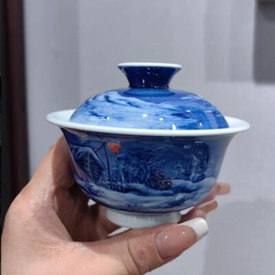 Whispered Winters: A Hand-Painted Blue & White Snowscape Teabowl