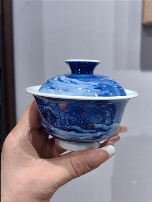 Whispered Winters: A Hand-Painted Blue & White Snowscape Teabowl