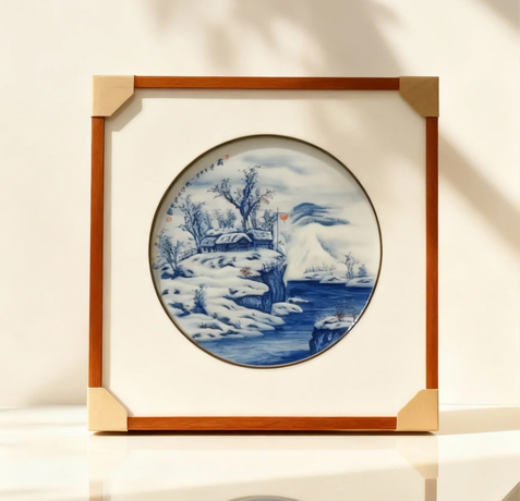 Underglaze blue-and-white ceramic landscape painting on porcelain panel