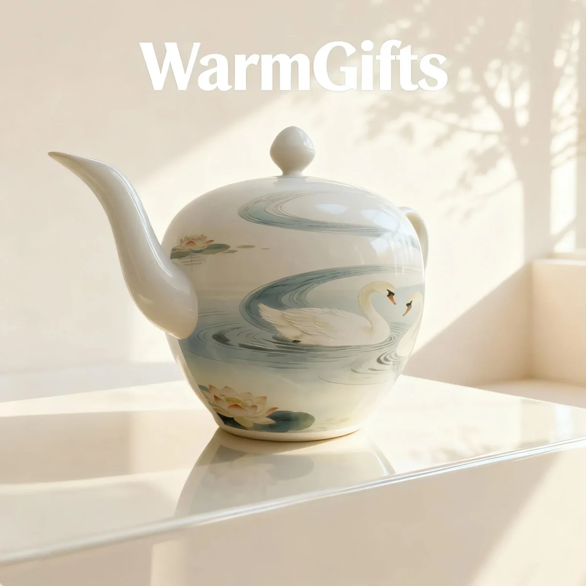 Te1_03 Jingdezhen Hand-Painted Swan and Lotus Pond Porcelain Teapot