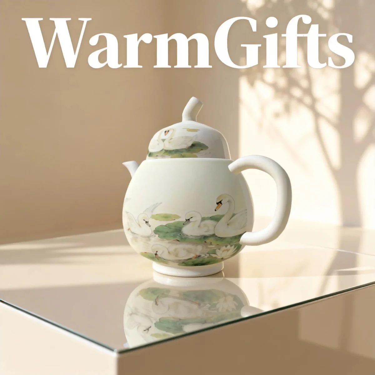 Te2_02 Jingdezhen Hand-Painted Double Swan and Lotus Pond Porcelain Teapot