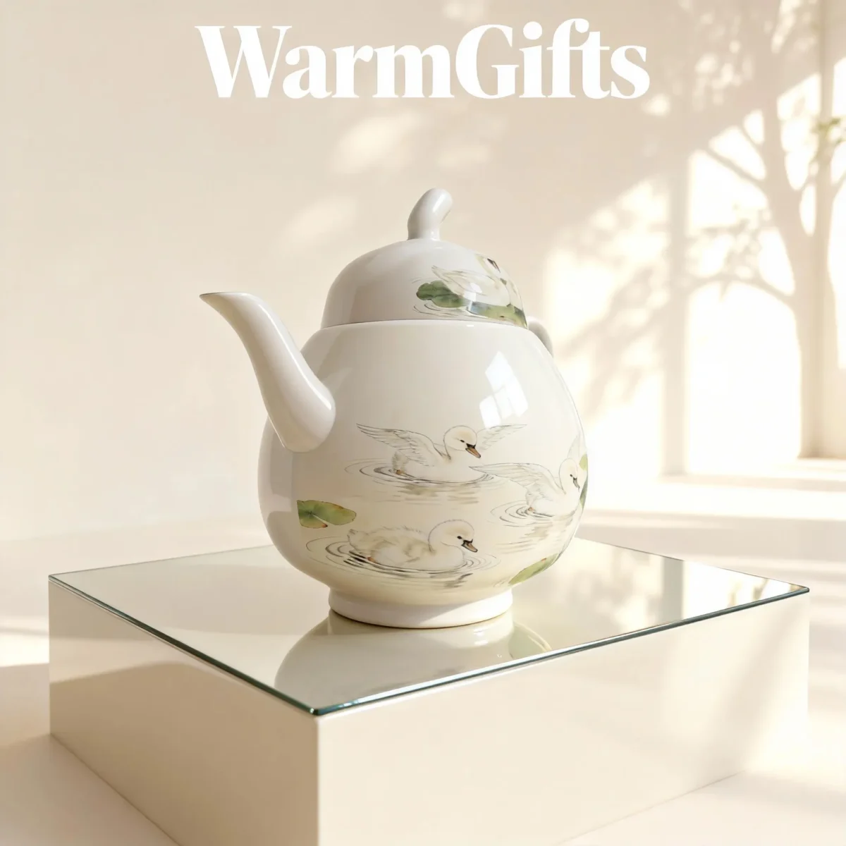 Te2_03 Jingdezhen Hand-Painted Double Swan and Lotus Pond Porcelain Teapot