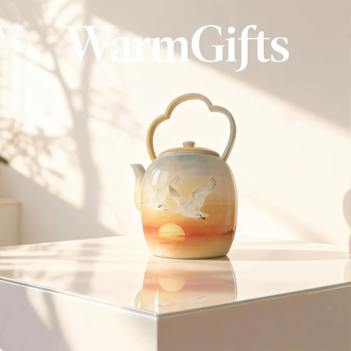 Hand-Painted Double Swans Soaring High Porcelain Teapot