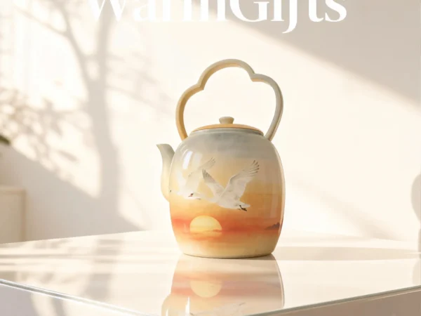 Hand-Painted Double Swans Soaring High Porcelain Teapot