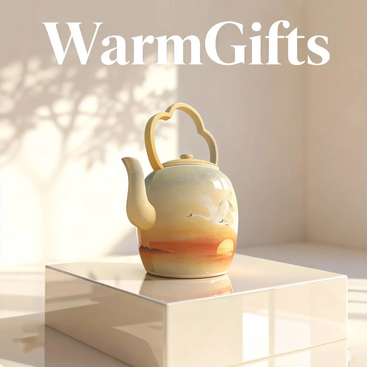 Hand-Painted Double Swans Soaring High Porcelain Teapot