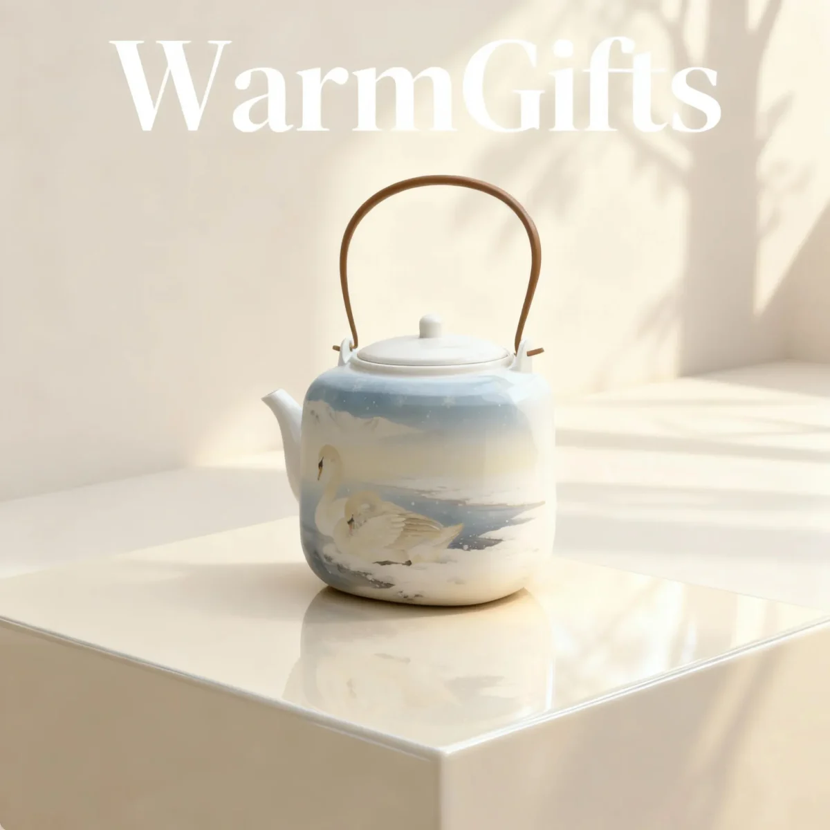 Hand-Painted Snowfield Double Swan Teapot