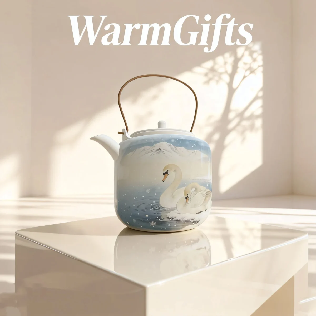 Hand-Painted Snowfield Double Swan Teapot
