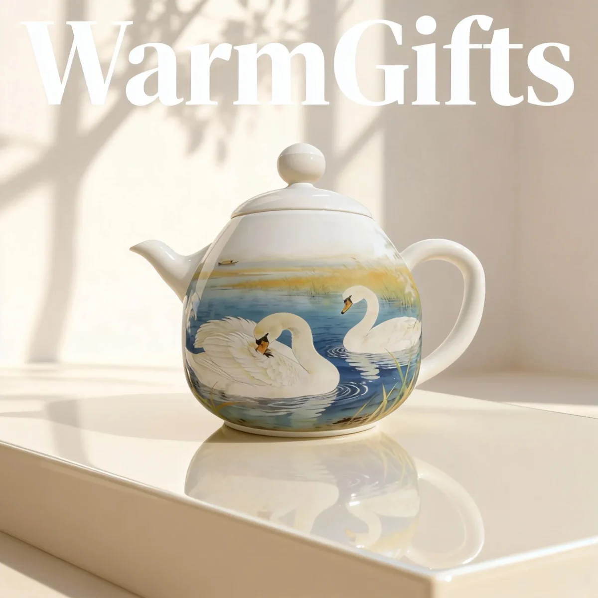 Hand-Painted Reed Lake Double Swan Porcelain Teapot
