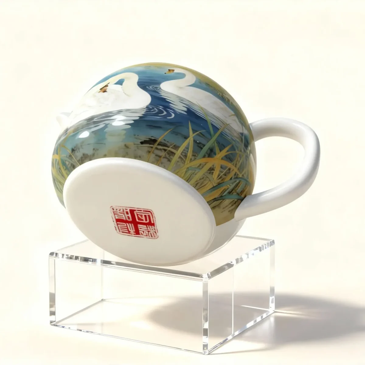 Hand-Painted Reed Lake Double Swan Porcelain Teapot