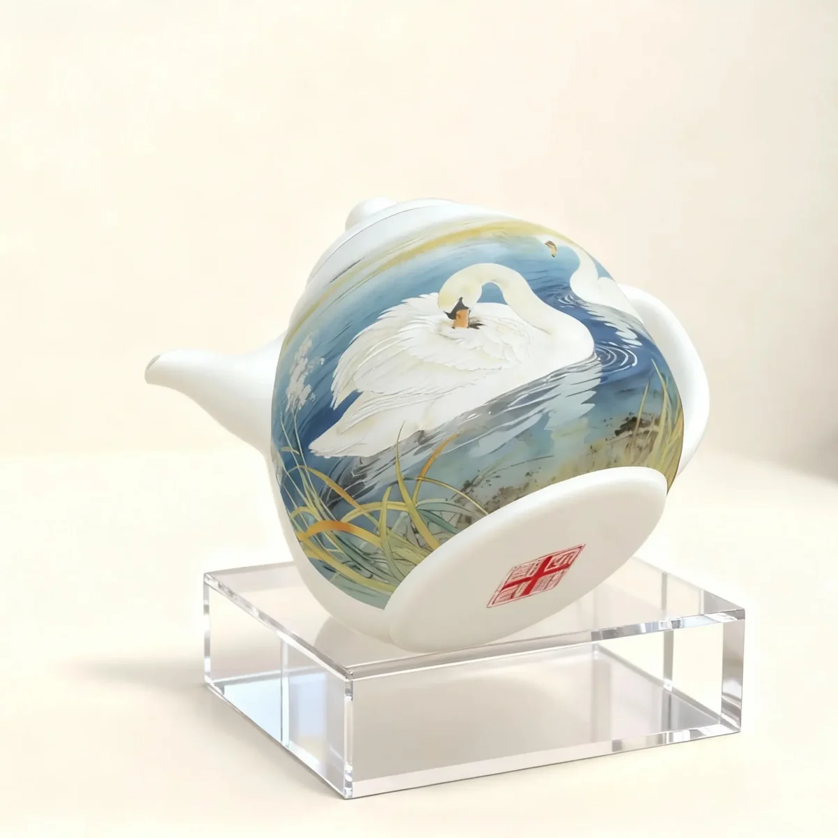 Hand-Painted Reed Lake Double Swan Porcelain Teapot