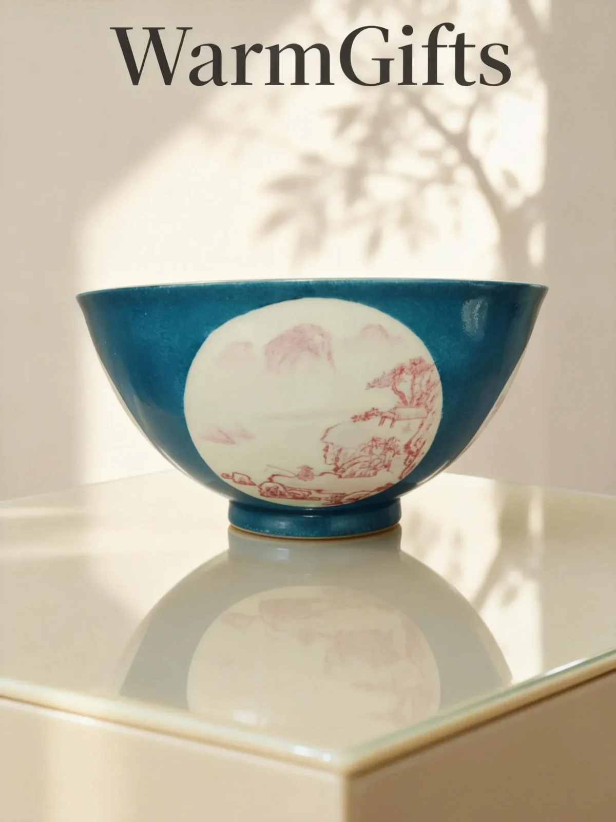 Blue-Glaze Framed Coral Red Landscape Porcelain Bowl