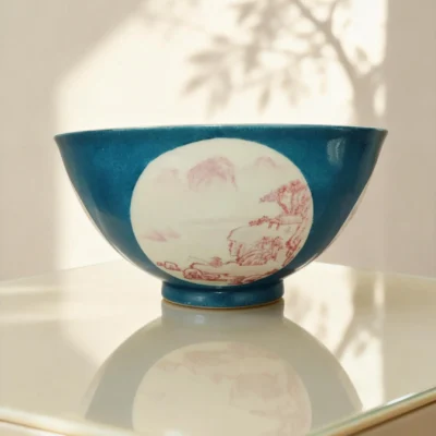 Blue-Glaze Framed Coral Red Landscape Porcelain Bowl