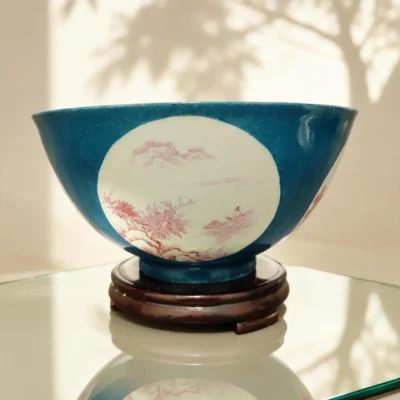 Blue-Glaze Framed Coral Red Landscape Porcelain Bowl