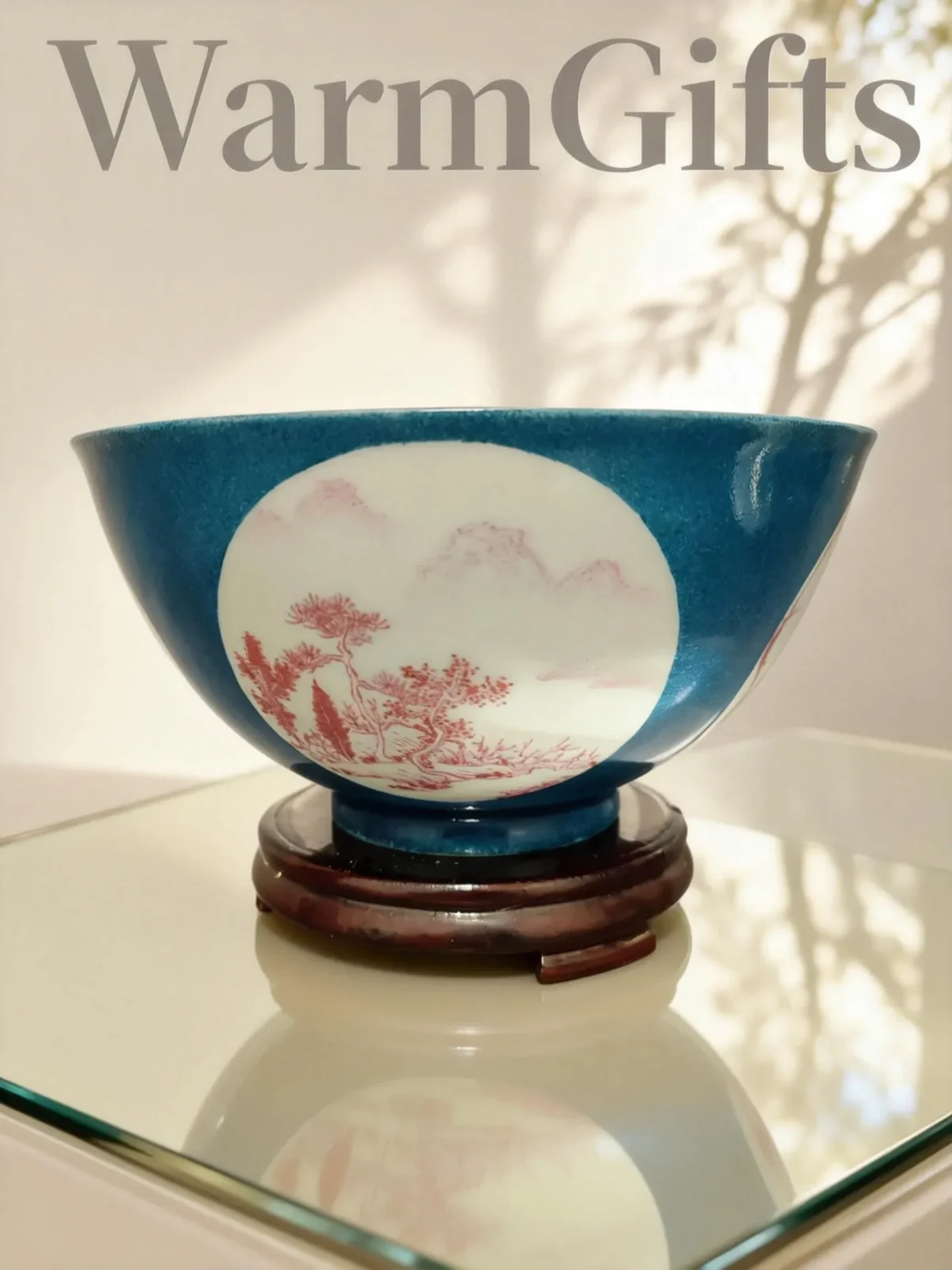 Blue-Glaze Framed Coral Red Landscape Porcelain Bowl
