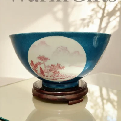 Blue-Glaze Framed Coral Red Landscape Porcelain Bowl
