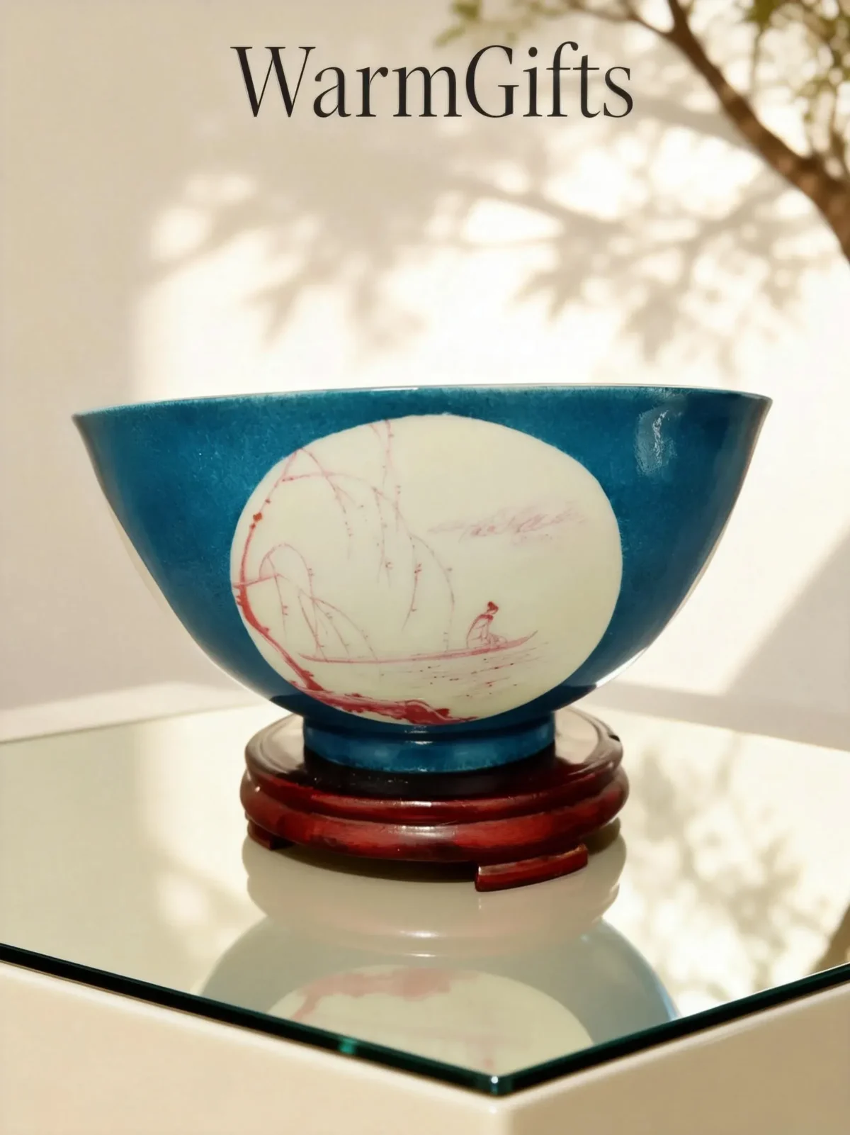Blue-Glaze Framed Coral Red Landscape Porcelain Bowl